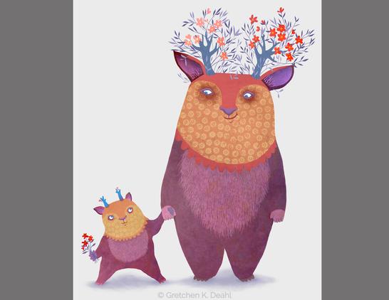 Family Comes in All Shapes, Sizes and Colors
Smiling, friendly mom and toddler creatures shine in their brilliant orange, purple and pink colors. Their blue horns bloom with tiny flowers.