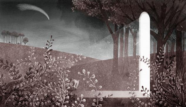 Using a limited palette of gray/blues and muted red/brown, a pencil drawing of a tiny owl, standing at the edge of a forest. Before it, a glowing door. In the distance, rolling hills, a stand of trees and a passing comet.
