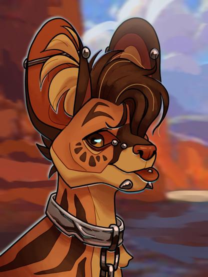 A drawing of a serval (a type of feline) in the desert, The serval has piercings and a chain on its neck, his eyes are blodshot but he's still giving you an adorable blep with its tongue.