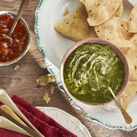 Indian dips with poppadoms, including a traditional mint and coriander chutney