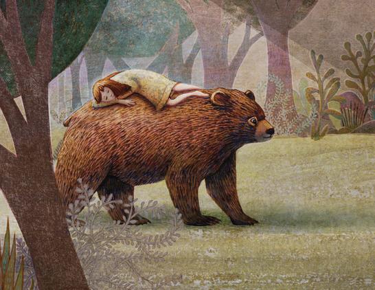 Early in the morning, at the edge of a forest of brown and purple, greens and gold, a smiling bear pads quietly across the grass. Caught in a sunbeam, a young girl in a flowered yellow dress is sleeping upon his back, her arms folded under her head. Plants, like ferns and budding flowers, line each side of the glade.