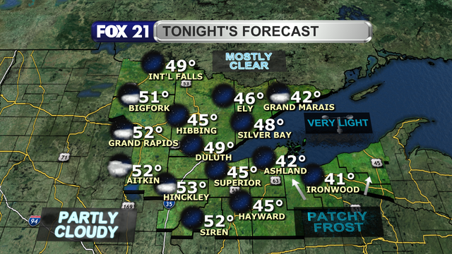 Skies will be mostly clear of cloud cover over most of the Northland Thursday night with very light winds.  This will cool temperatures to the 30s for lows in the eastern half of the South Shore region, possibly allowing frost to form east of Ashland, with 40s and low 50s further west.