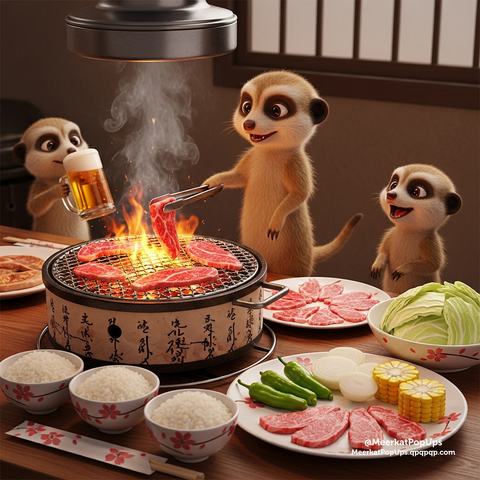 これはAI生成画像です。 日本の焼き肉店で、ミーアキャットたちがテーブルを囲んで楽しんでいる様子を描いた、賑やかなワンシーンです。真ん中の七輪では、炎を上げてお肉が焼かれています。トングを持ったミーアキャットが、お肉を網に乗せようとしています。テーブルには、馬肉の生肉や、ご飯、キャベツ、ピーマン、タマネギ、トウモロコシといった野菜が並んでいます。左端のミーアキャットは、大きなジョッキを片手に笑みを浮かべています。
This is an AI-generated image. A lively scene depicting meerkats enjoying themselves around a table at a Japanese yakiniku restaurant. On a shichirin in the center, meat is being grilled with flames rising. A meerkat with tongs is about to place a piece of meat on the grill. On the table, there are plates of raw horse meat, rice, and vegetables such as cabbage, green peppers, onions, and corn. The meerkat on the far left holds a large mug and smiles.