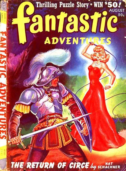 A medieval-ish soldier with sword and shield faces off against a modern-looking red-haired woman in bright red evening dress and pearls wielding a whip.
Fantastic Adventures magazine cover from 1941.
