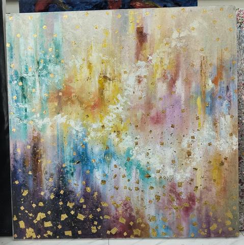 an abstract painting, clouds of prismatic colors raining down, pieces of gold leaf applied in small pieces like falling snow