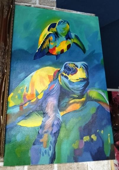 a painting of two sea turtles, swimming, seen from below, they are in blue-green waters, looking happy as they swim slowly , painted in a modern impressionist style