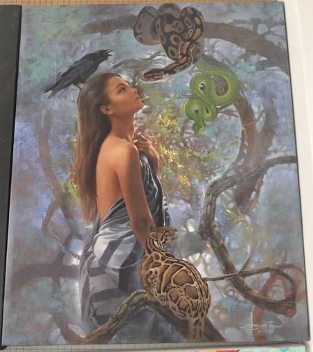 a painting of a long-haired slender woman her body wrapped in grey and black fabric, in a foggy forest, tree limbs around her, she is looking up at two vipers in a branch, a small wild cat sitting on a branch next to her, looking up at them with her