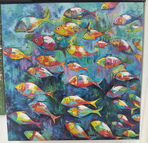 a painting of fish swimming to the left, painted in bright colors, in a modern impressionist style