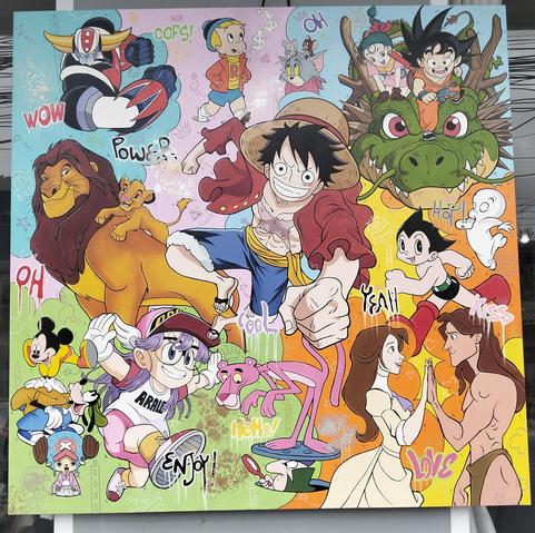 a painting of cartoon characters from disney and anime, against brightly colored background of regions of color, words scrawled on it, done in a street art / graffiti type of style