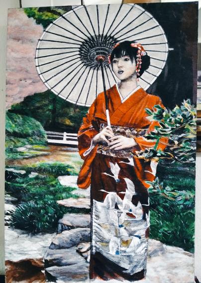 a painting of a woman with her hair pinned up standing on stones in a manicured garden area, wearing a red and silver kimono with cranes on it, she is holding an opened umbrella, looking up and to the left