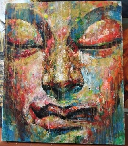 a painting of a face, the eyes low in meditation, done in a range of rainbow colors, lots of drip effects , very dreamy looking