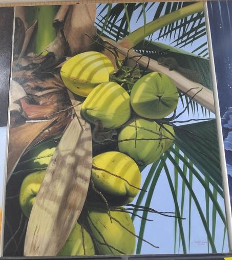 a realistic painting of a cluster of coconuts in a tree, several small squirrels hidden within, palm fronds and a blue sky behind