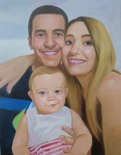 a painting of a mother and father, theyre young, blonde and slender, holding their cute baby girl, she is in a white dress with red stripes, a cute smirk on her face, the parents smiling, the mom resting her face against her husbands cheek