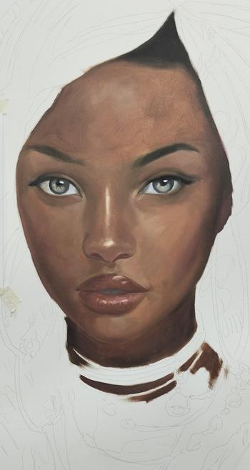 a painting of an african woman, looking at the viewer, just her face and neck colored in, her jewelery and fabric head wrapping are still blank with faint linework on it