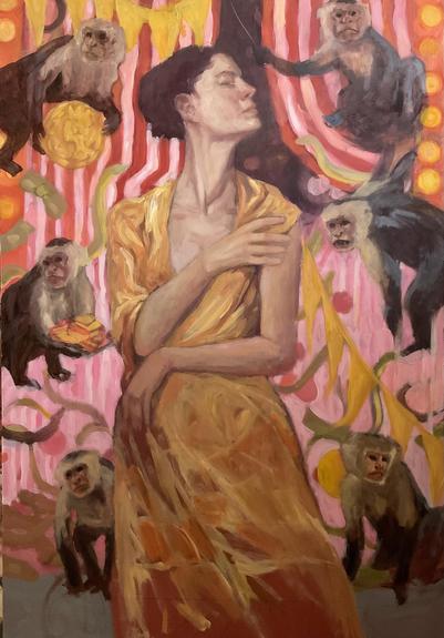 A white woman with short dark hair stands body facing forward, head in profile, chin up, eyes almost closed. Seen from hips up. She’s wearing a gold emergency blanket, one hand crossed over her body & by her shoulder. Behind her is a red and white striped bunting, yellow pennants, which fades into pink and white stripes & dots.  We see a some green ribbon-like snakes and dollar bills floating too. We see 6 Capuchin monkeys in various poses around her offering her wealth. It’s a predominantly pink painting, with warm gold, red, and dark purplish brown and bits of green. Painted loose, but realistically.