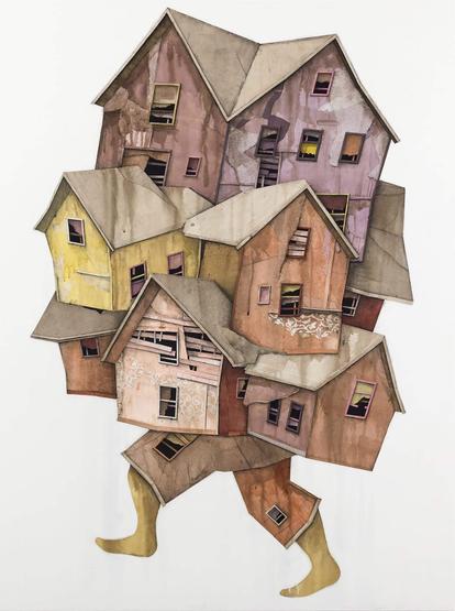 A whimsical illustration of colorful, stacked houses with human legs.
