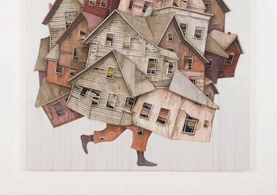 A whimsical illustration of colorful, stacked houses with human legs.