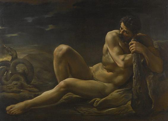 a painting of a heavily muscled man, reclined against a rock, a large serpent twisting on the left side, dark clouds in the air, the man is reaching his hand around the handle of a large club and looking towards the monster