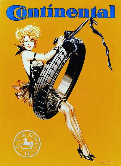 Continental tire advert from 1909 with a woman with modern golden curls in a flowing, leggy dress, on a motorcycle tire swing.
