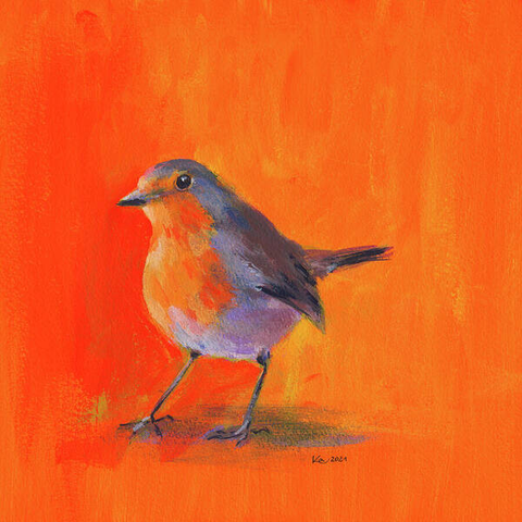 Robin portrait is an acrylic painting in contemporary square format painted by artist Karen Kaspar. This portrait of a redbreast European Robin - Erithacus rubecula - is painted on a loose abstract background in vibrant orange.