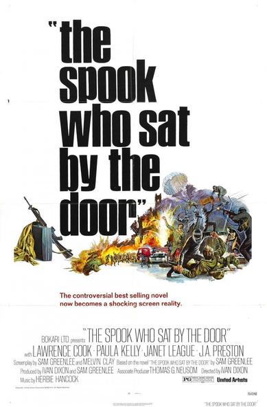 Film poster for 1973 Film “The Spook Who Sat by the Door” with black text on white background and drawing of a riot