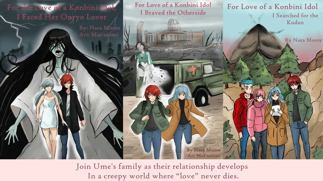 3 book covers
1. Two women running away from a ghost
2. Two women running away from a ghost coming out of a ambulance
4. Four people studying a paper with a mountain that looks like a moth in the background