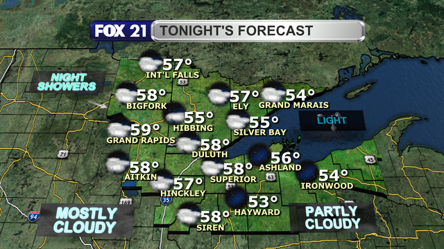 Clouds will increase across the Northland Monday night, with some showers and thunderstorms arriving late in the western counties.  Winds remain light with low temperatures in the 50s and low 60s.