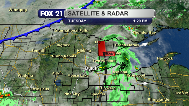 The satellite and radar over the Northland at 1:20 p.m. on September 2, 2025, shows a line of showers and a few thunderstorms extending from the Arrowhead south through northwest Wisconsin, moving from west to east.  This is associated with a small low-pressure system pushing through the region.  Behind it is some clearing skies, but a cold front starting to push through northwest Minnesota towards the Northland will allow more showers and thunderstorms to form later today.