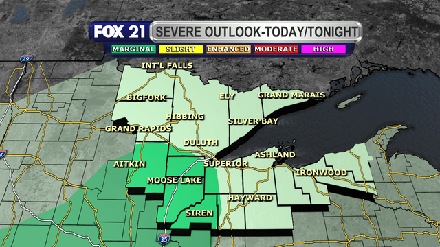 The Storm Prediction Center has placed the I-35 corridor and parts of the Twin Ports region under a marginal risk for severe weather for the rest of September 2, 2025.  This area could see a few thunderstorms that have strong winds and small hail.  The rest of the Northland could see thunderstorms at times as a cold front passes through the region from west to east.