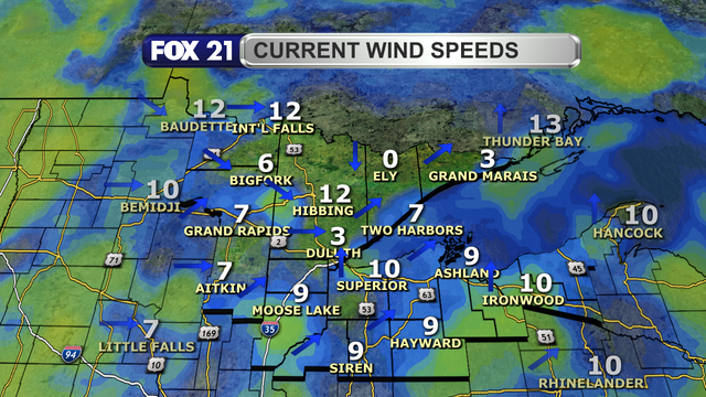 Wind speeds in the Northland just after 1 p.m. on September 2, 2025, range from calm to 12 mph.  Wind direction is primarily from the south and southwest, but the Rainy River Basin is starting to see a shift to the west and northwest.