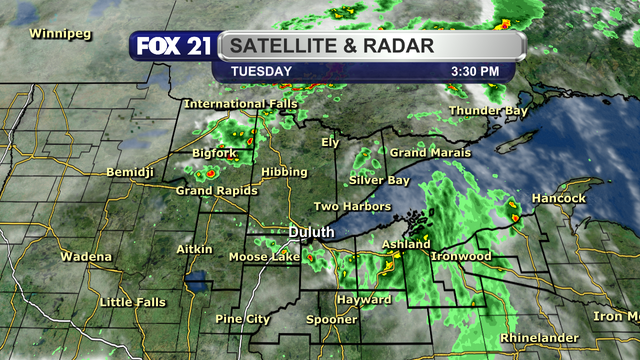 A view of the satellite and radar over the Northland at 3:30 p.m. on September 2, 2025, shows two lines of showers and thunderstorms.  One covers the Twin Ports, northwest Wisconsin, and the Upper Peninsula regions.  This one will continue to move to the east/southeast.  The other is along a cold front working through the Rainy River Basin and Iron Range.