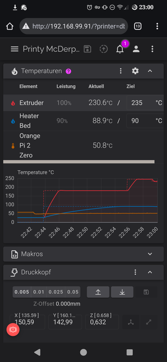 Mobile view of a 3D printer web interface. It shows the temperature of the printer as well as its controlling mini-computer. The temperature of the extruder is at 230.6°C after slightly cooling down as part of the print job, despite it supposed to stop and stay at 235°C. Also the bed dropped from 90°C to 88.9°C.