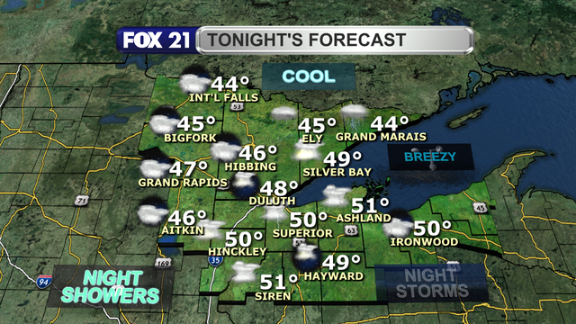 A line of showers and thunderstorms will push through the Northland early Tuesday night, giving way to more isolated showers and breezy north winds.  Temperatures will drop to the 40s for lows.
