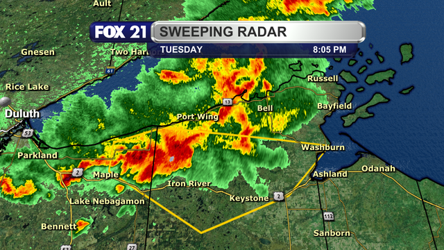 A Severe Thunderstorm Warning is in effect until 8:30 p.m. Tuesday for northern Bayfield County and far northeast Douglas County.  A thunderstorm passing through the area along and north of Highway 2 is capable of producing wind gusts up to 60 mph.
