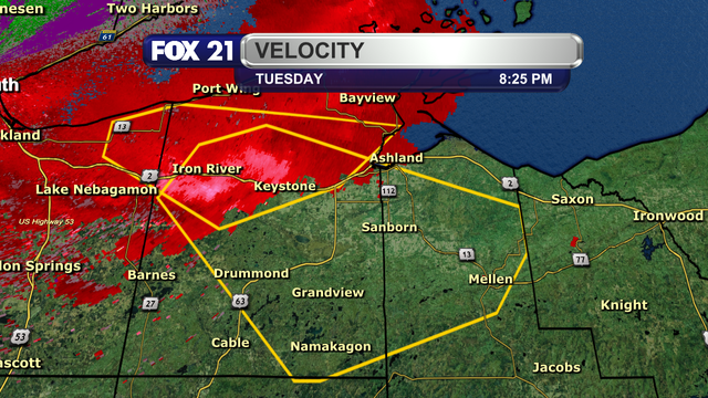 The velocity radar product of a potential Severe Thunderstorm Warning in Ashland and Bayfield counties at 8:25 p.m. on September 2, 2025.  The strongest wind gusts were being observed on radar along Highway 2 between Iron River and Keystone.  It is moving to the southeast at about 40 mph.