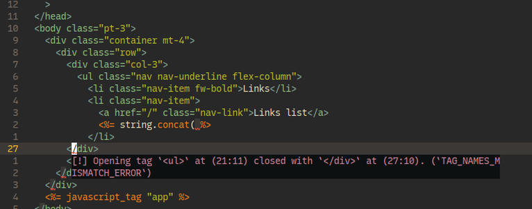 A fragment of Erb file with some parts underlined with red and a popup message showing an error because of closing HTML tag mismatch.