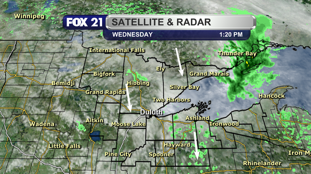 The satellite and radar over the Northland at 1:20 p.m. on September 3, 2025, shows a mostly cloudy sky across the area, with some breaks being observed in the Iron Range and I-35 corridor regions.  Some widely scattered showers are being observed in northwest Wisconsin and the Arrowhead/Boundary Waters regions, moving to the south.