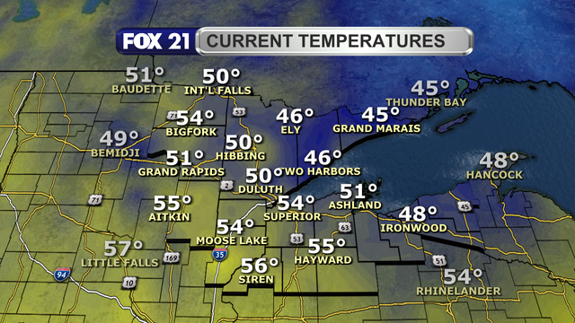 Temperatures in the Northland just after 1 p.m. on September 3, 2025, range from 45 to 56 degrees Fahrenheit.