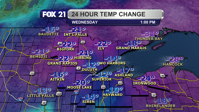 Based on temperatures at 1 p.m. on Tuesday, September 2, 2025, temperatures at this early afternoon hour of Wednesday are 10 to 24-degrees cooler than 24 hours ago.  Temperatures are measured in Fahrenheit.