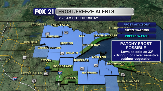 A Frost Advisory is in effect for most of the Northland from 2 to 8 a.m. on Thursday, September 4, 2025.  The exception will be the North Shore, I-35 corridor, and Upper Peninsula regions.  Temperatures in these areas could drop as low as 32-degrees Fahrenheit, leading to a decent frost.