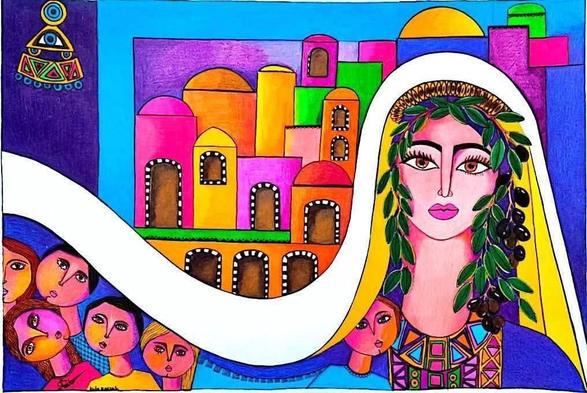 Tableau palestinien 
Visage féminin 
Maison 🏠 
COULEURS