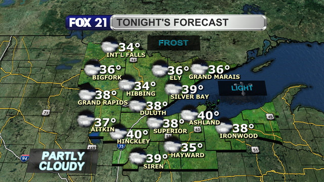 Frost will be widespread across the Northland Wednesday night as partly cloudy skies and a light breeze will help to push low temperatures to the 30s and low 40s across the area.