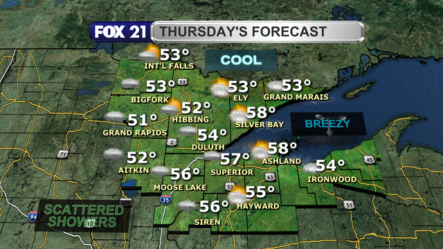 Thursday will start off dry in the Northland, but a new storm system brings widespread showers to the region starting in the afternoon from west to east.  Winds will remain breezy from the west and northwest with high temperatures in the 50s.