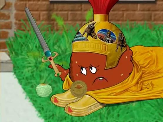 meatwad from Aqua Teen dressed up as a Moon Master. he's got a plastic helmet and sword covered in stickers and a  cape 

in the episode he has been tricked with a simplistic video game to sign up for a bunch of merch as part of a pyramid scheme run by the mooninites

they appeal to his vanity... as a master of the game (he moved the joystick forward one time)

once he buys all the stuff his next task is to get other people to buy stuff from the catalog. 

invite codes?