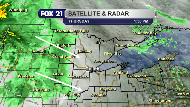 The satellite and radar over the Northland at 1:30 p.m. on September 4, 2025, shows cloudy skies across the region.  A large cluster of showers are pushing into the region from the west/northwest, already impacting Aitkin, Itasca, and Koochiching counties.  They are moving to the east/southeast.