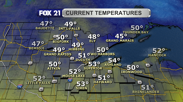 Temperatures in the Northland just after 1 p.m. on September 4, 2025, range from 45 to 54 degrees Fahrenheit.