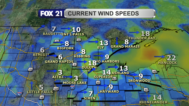 Wind speeds in the Northland just after 1 p.m. on September 4, 2025, range from 3 to 18 mph.  Wind direction is primarily from the west.