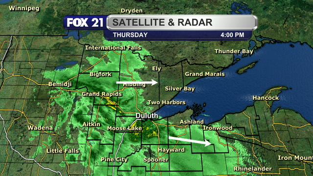 The radar over the Northland at 4 p.m. on September 4, 2025, shows showers pushing through the region from west to east/southeast.  The heaviest showers are in the western portion of the Iron Range, the I-35 corridor, and the western half of northwest Wisconsin.