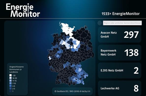 Eine Karte von Deutschland mit Energieregionsdaten, hervorgehoben durch verschiedene Blau- und Schwarztöne, die die Anzahl der angeschlossenen Gemeinden pro Bezirk angibt. Die Seitenleiste listet Energieunternehmen zusammen mit der jeweiligen Anzahl der angeschlossenen Gemeinden auf. Nicht im Bild: Schleswig-Holstein mit 1001 Gemeinden