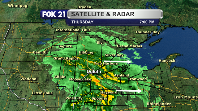 The radar over the Northland at 7 p.m. on September 4, 2025, shows a large swath of showers pushing west to east.  The heaviest extend from north of the Twin Ports south through the western half of northwest Wisconsin.